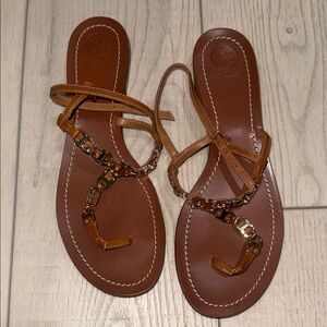 Tory Burch Tan Leather Sandals with Chain Detail